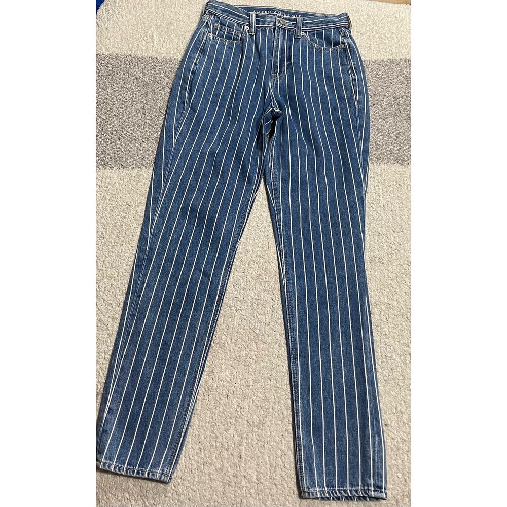 American Eagle Outfitters Mom Jeans Women's Sz 0 100% Cotton Stripes Blue White